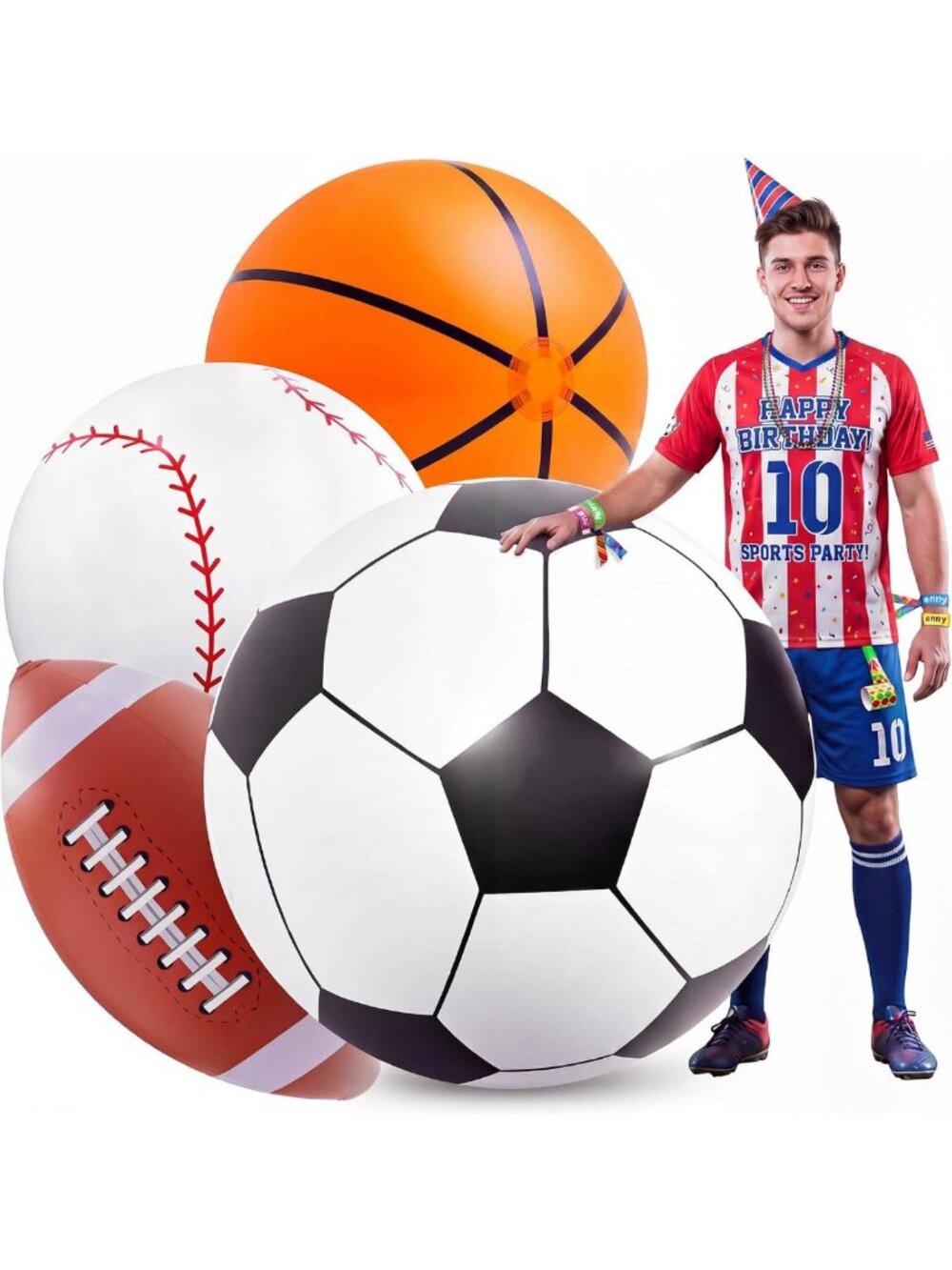 Giant Inflatable Sports Balls Set - 40" Beach Ball, Soccer, Baseball & Football